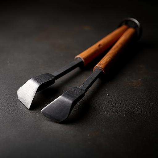 Hand-forged steel BBQ tongs with a sculpted walnut handle